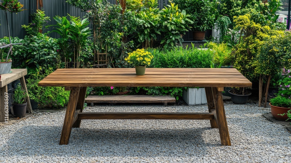 Wooden Table with Potted Plant Surrounded by Lush Garden Ideal for Product Showcase and Outdoor Decor Presentations Wooden Table with Potted Plant Surrounded by Lush Garden Ideal for Product Showcase and Outdoor Decor Presentations
