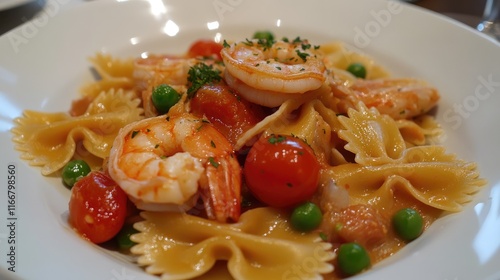 Seafood Farfalle Pasta with Cherry Tomatoes and Green Peas in a Delicious Creamy Sauce photo