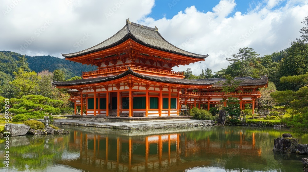 Traditional Japanese temple with stunning architecture reflected in tranquil pond surrounded by lush greenery under a bright cloudy sky Traditional Japanese temple with stunning architecture reflected in tranquil pond surrounded by lush greenery under a bright cloudy sky