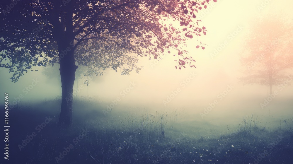 Mysterious fog envelops serene landscape with trees illuminated by soft sunlight creating a tranquil atmospheric scenery in vintage tones Mysterious fog envelops serene landscape with trees illuminated by soft sunlight creating a tranquil atmospheric scenery in vintage tones