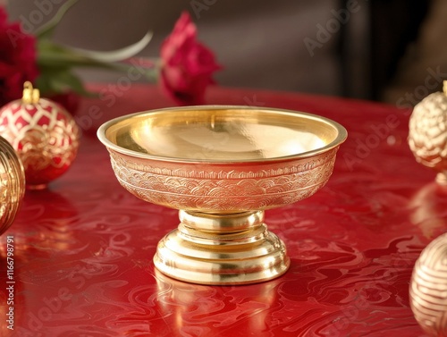 Lunar new year celebration golden stand on red lacquer table festive decor indoor setting high angle view cultural significance photo