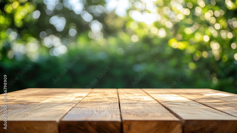 Empty Wooden Table Against Soft Bokeh Background of Greenery and Natural Light Ideal for Product Display or Seasonal Promotions