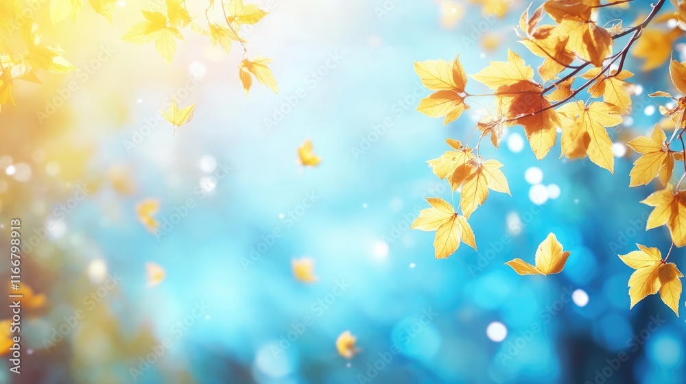Golden autumn maple leaves glowing in sunlight with a dreamy blurred blue background creating a serene nature atmosphere Golden autumn maple leaves glowing in sunlight with a dreamy blurred blue background creating a serene nature atmosphere
