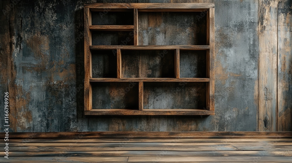 Decorative Empty Wooden Frame and Shelves on Rustic Wooden Floor for Stylish Copy Space Design Decorative Empty Wooden Frame and Shelves on Rustic Wooden Floor for Stylish Copy Space Design