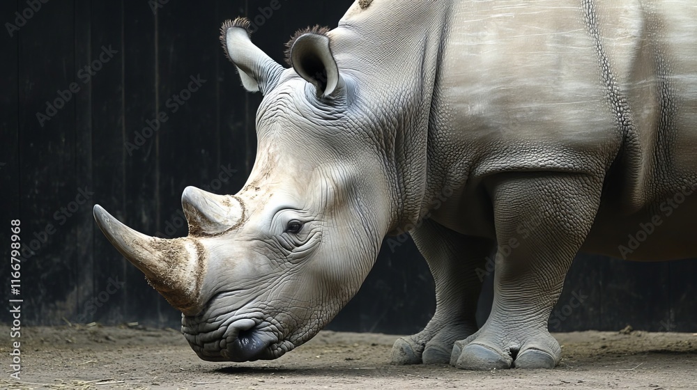 Fototapeta premium A rhino with its head down is captured in a close-up photo against a black backdrop. The rhino's skin is a light gray color and it has a small horn on its nose. 