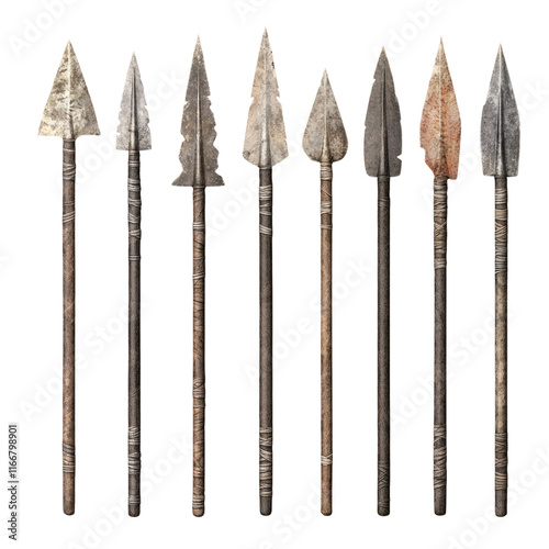 Set of various ancient primitive hand spears isolated on transparent background. photo