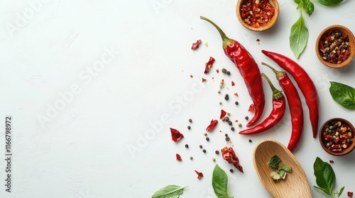 Vibrant red chili peppers with spices and fresh basil arranged on a light background for culinary or food-themed projects. photo