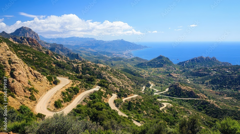 Scenic winding mountain road with coastal view under a clear blue sky in a picturesque landscape Scenic winding mountain road with coastal view under a clear blue sky in a picturesque landscape