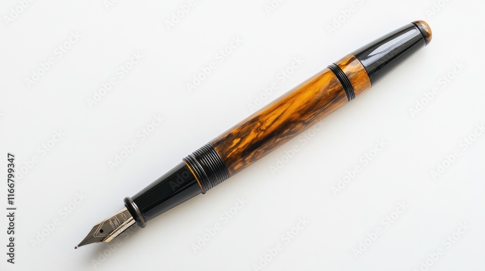 Elegant Fountain Pen with a Distinctive Amber and Black Design on a Clean White Background Elegant Fountain Pen with a Distinctive Amber and Black Design on a Clean White Background
