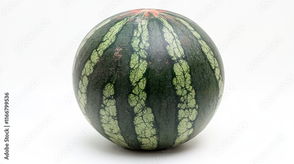 Ripe whole watermelon with vibrant green stripes isolated on a clean white background ideal for summer fruit themes and healthy eating concepts Ripe whole watermelon with vibrant green stripes isolated on a clean white background ideal for summer fruit themes and healthy eating concepts