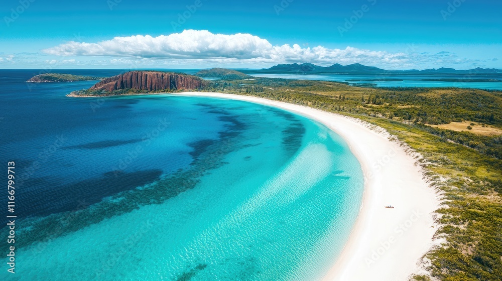 Scenic aerial view of a pristine tropical beach with clear turquoise water and lush green landscape on a beautiful sunny day. Scenic aerial view of a pristine tropical beach with clear turquoise water and lush green landscape on a beautiful sunny day.