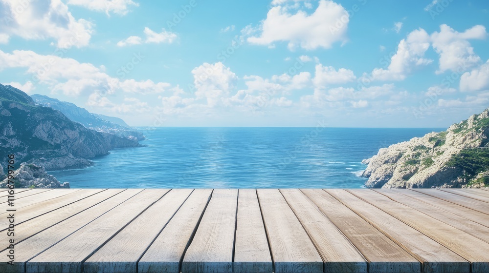 Fototapeta premium Wooden tabletop for product display overlooking serene ocean view under bright sunny sky with mountains in background