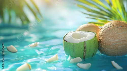 Fresh coconuts with green shell and water background showcasing healthy food and tropical vibes ideal for wellness and nutrition themes photo