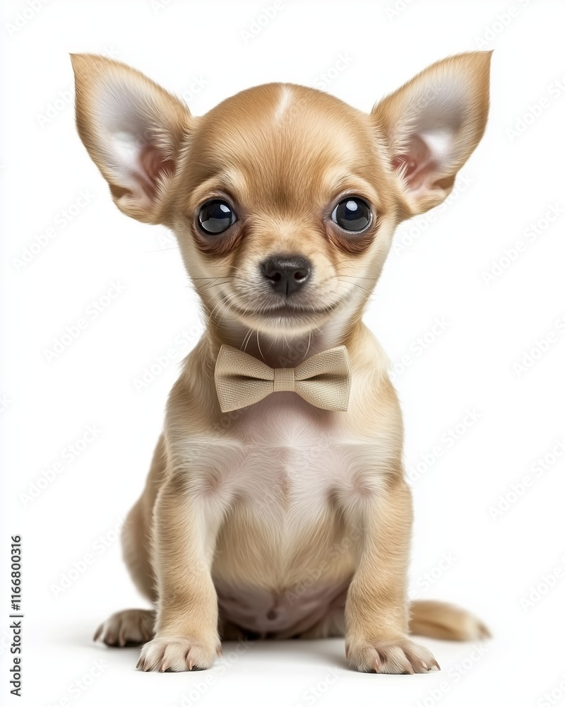 Chihuahua puppy with beige bow tie on white background Chihuahua puppy with beige bow tie on white background