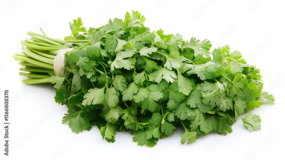 Fresh bunch of coriander leaves on a white background showcasing vibrant green color and healthy texture ideal for culinary use and recipes Fresh bunch of coriander leaves on a white background showcasing vibrant green color and healthy texture ideal for culinary use and recipes