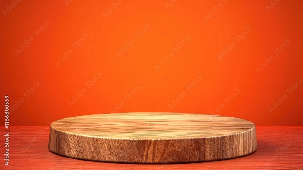 Empty wooden round podium on vibrant red orange background for product display or presentation purposes Empty wooden round podium on vibrant red orange background for product display or presentation purposes