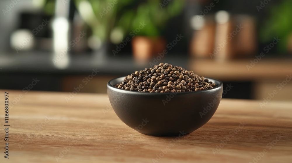 Fresh black peppercorns in a small black bowl on a rustic wooden table ready for culinary use in a vibrant kitchen setting