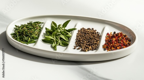 Flavoring spices and herbs displayed on a white ceramic plate showcasing their vibrant colors and textures for culinary purposes