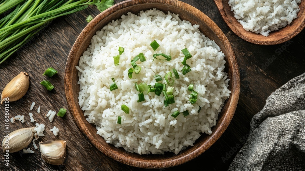 Deliciously prepared long grain rice with fresh green onions on rustic wooden background showcasing texture and culinary appeal. Deliciously prepared long grain rice with fresh green onions on rustic wooden background showcasing texture and culinary appeal.