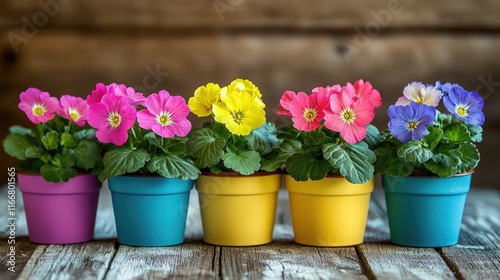 Wallpaper Mural Vibrant primula flowers in colorful pots arranged on a rustic wooden background showcasing nature's beauty and cheerfulness. Torontodigital.ca