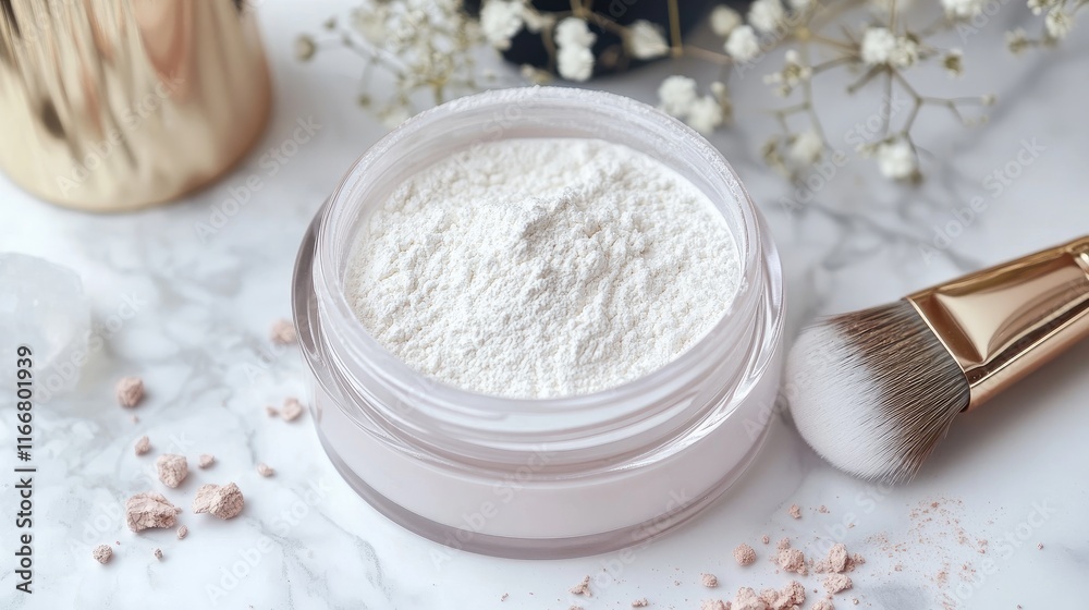 Luxurious fine white mineral powder in a clear container with makeup brush and floral accents on a marble surface Luxurious fine white mineral powder in a clear container with makeup brush and floral accents on a marble surface