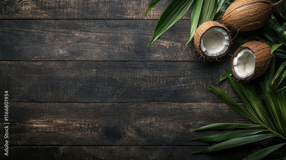 Fresh coconuts and tropical leaves arranged on a rustic dark wooden table creating a natural and vibrant food background