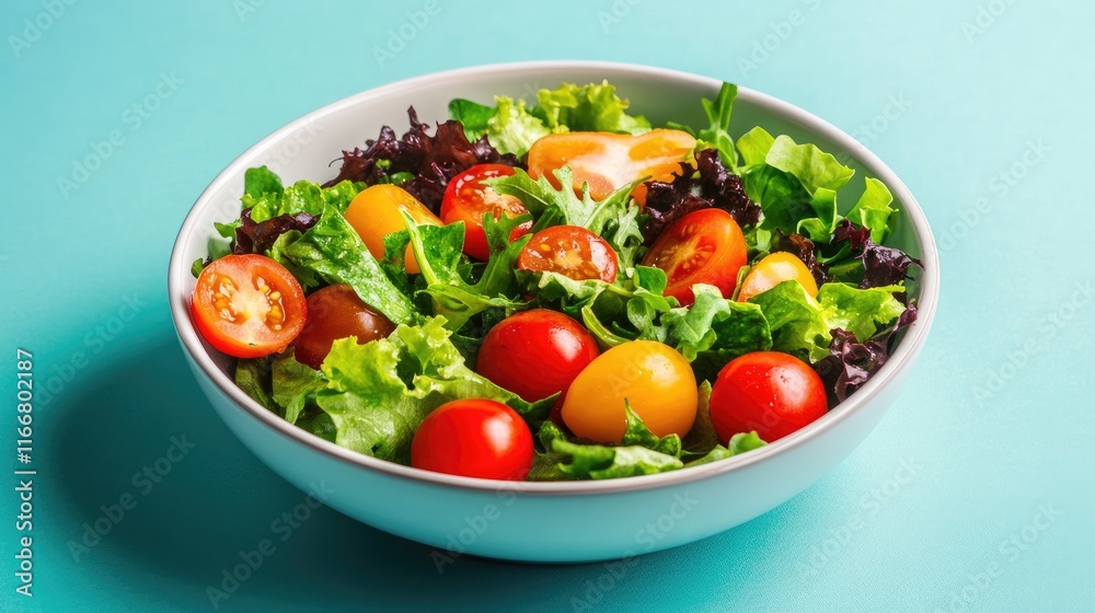 Vibrant fresh cherry tomatoes mixed with crisp greens in a colorful salad bowl on a turquoise background Vibrant fresh cherry tomatoes mixed with crisp greens in a colorful salad bowl on a turquoise background
