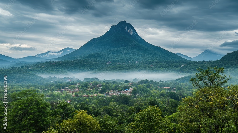 Majestic mountain landscape shrouded in mist with lush green foreground and dramatic cloudy sky in serene natural setting Majestic mountain landscape shrouded in mist with lush green foreground and dramatic cloudy sky in serene natural setting