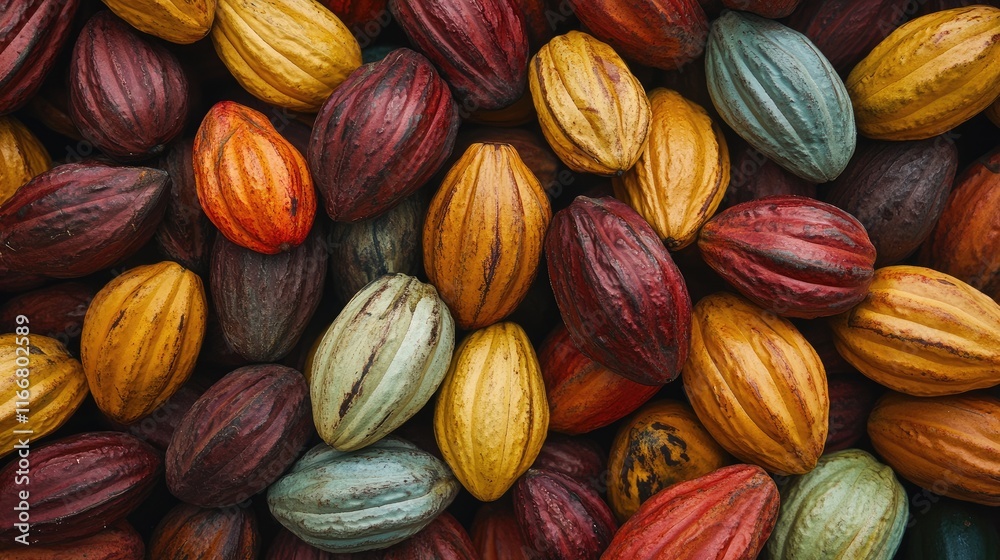 Vibrant assortment of cocoa pods displaying a variety of colors and textures harvested from cacao trees for chocolate production Vibrant assortment of cocoa pods displaying a variety of colors and textures harvested from cacao trees for chocolate production