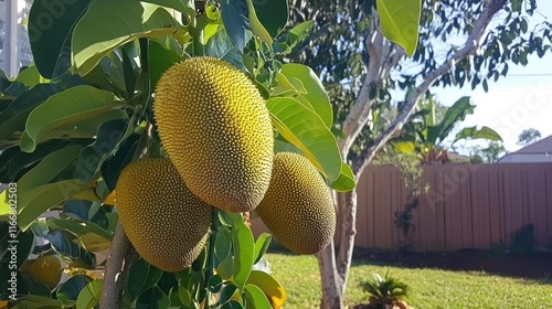 Ripe jackfruit hanging on tree in a lush backyard garden under clear blue sky and vibrant foliage
