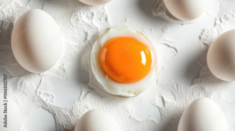 Fresh chicken egg with vibrant yolk surrounded by whole eggs on a textured white surface ideal for culinary and food concept imagery Fresh chicken egg with vibrant yolk surrounded by whole eggs on a textured white surface ideal for culinary and food concept imagery