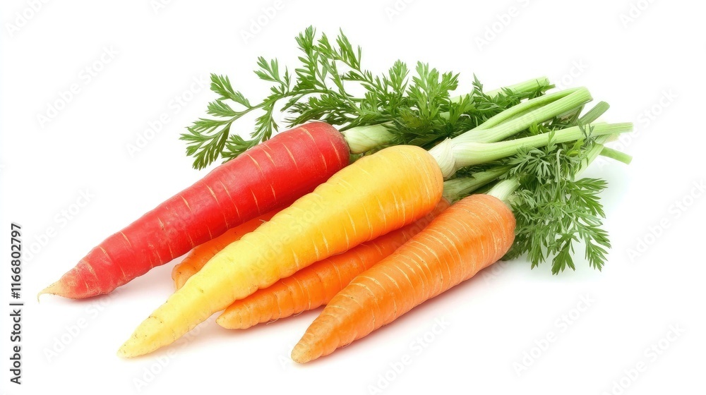 Vibrant assortment of fresh red orange and yellow carrots with green foliage on a clean white background for culinary or health themes Vibrant assortment of fresh red orange and yellow carrots with green foliage on a clean white background for culinary or health themes