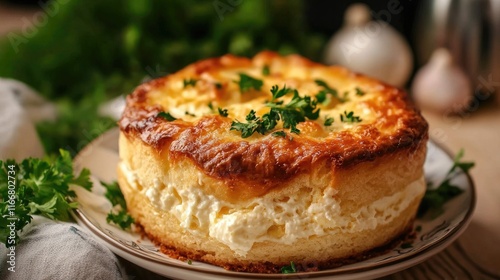 Wallpaper Mural Creamy cheese souffle cake beautifully garnished with fresh herbs on a rustic wooden table with elegant kitchen background decor. Torontodigital.ca
