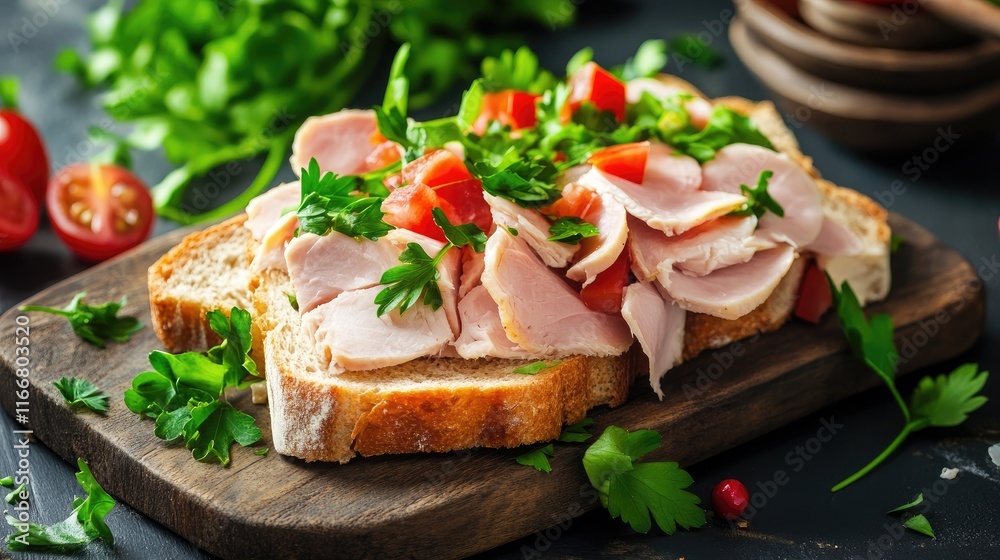 Fresh Chicken Cold Cuts on Sliced Brown Bread with Herbs and Vegetables for Healthy Meal Option Fresh Chicken Cold Cuts on Sliced Brown Bread with Herbs and Vegetables for Healthy Meal Option