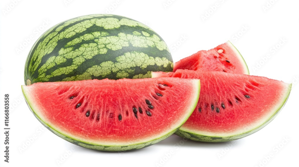 Whole watermelon with slices showing juicy red interior on a bright white background Whole watermelon with slices showing juicy red interior on a bright white background