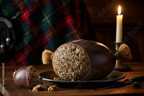 The image presents a traditional Scottish haggis, served on a rustic dark wooden table photo