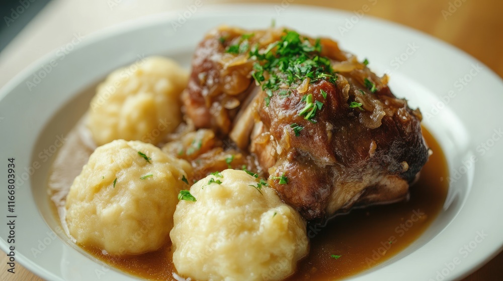 Traditional German Pork Knuckle Served with Sauerkraut and Tasty Dumplings on a White Plate Traditional German Pork Knuckle Served with Sauerkraut and Tasty Dumplings on a White Plate