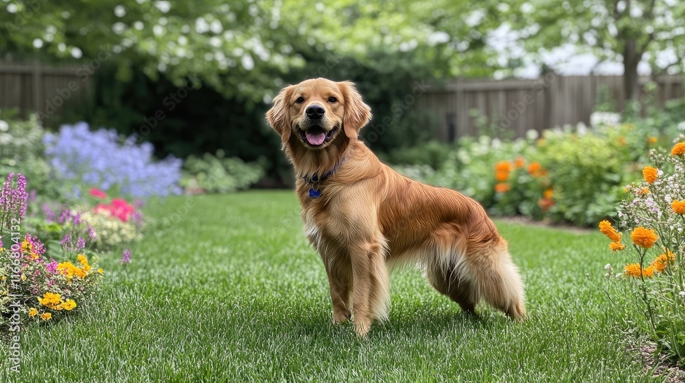 Golden Retriever joyfully posing in a vibrant garden surrounded by colorful flowers on a lush green lawn Golden Retriever joyfully posing in a vibrant garden surrounded by colorful flowers on a lush green lawn