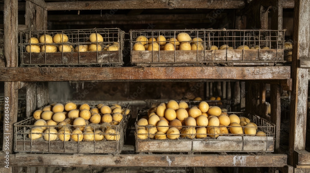 Freshly harvested yellow chicken eggs stored in rustic wooden crates on shelves in a traditional farming facility. Freshly harvested yellow chicken eggs stored in rustic wooden crates on shelves in a traditional farming facility.