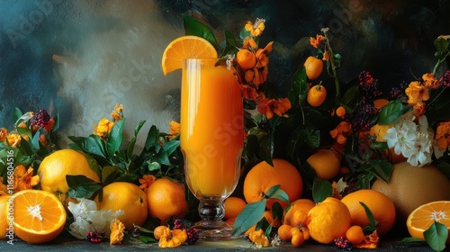 Vibrant summer cocktail featuring fresh orange juice surrounded by assorted citrus fruits and colorful summer blooms photo