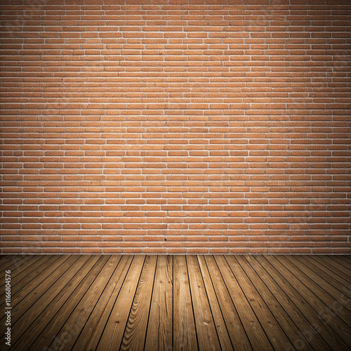 room with red brick wall and floor. a rustic background with a red brick wall texture and a wooden floor, creating a warm and inviting atmosphere.