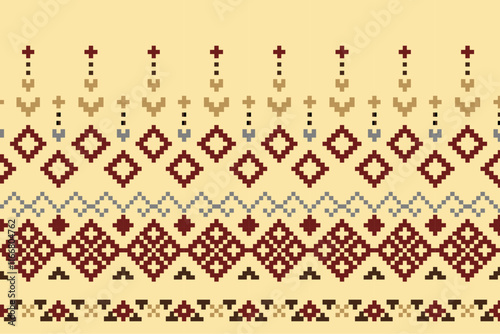 pixel art flower on yellow background wallpaper oriental seamless pattern.ornament. Ethnic .decor style. geometric ornament. Vector seamless pattern. blanket, rug. Woven carpet fabric 