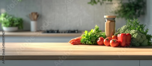 Colorful fresh vegetables on a wooden countertop with herbs and spices in a modern kitchen setting ready for culinary preparation. photo