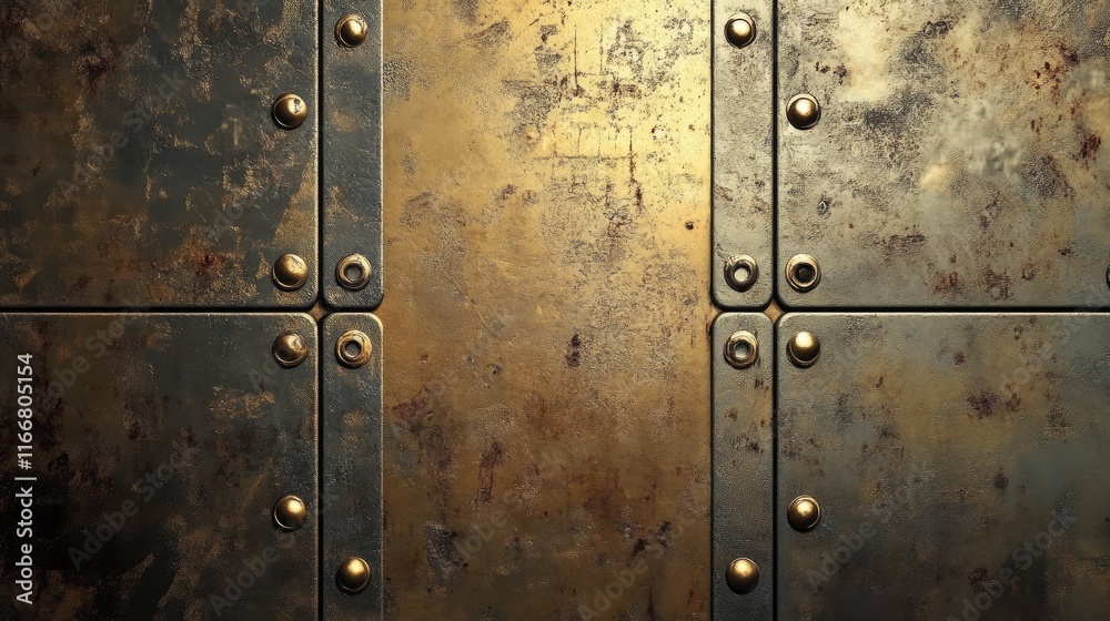 Fototapeta premium Detailed golden metal texture background featuring riveted plates and a weathered finish ideal for industrial and artistic designs