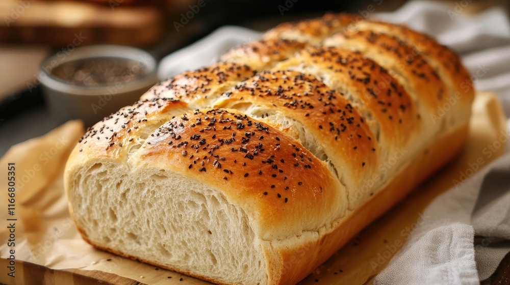 Artisan Loaf of Freshly Baked Bread with Poppy Seeds on Rustic Wooden Table Background Artisan Loaf of Freshly Baked Bread with Poppy Seeds on Rustic Wooden Table Background