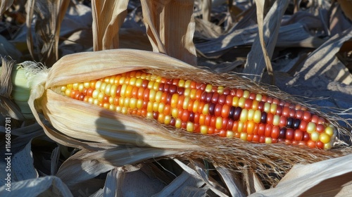 Colorful heirloom corn cob showcasing vibrant kernels in a field, highlighting agricultural diversity and autumn harvest beauty.