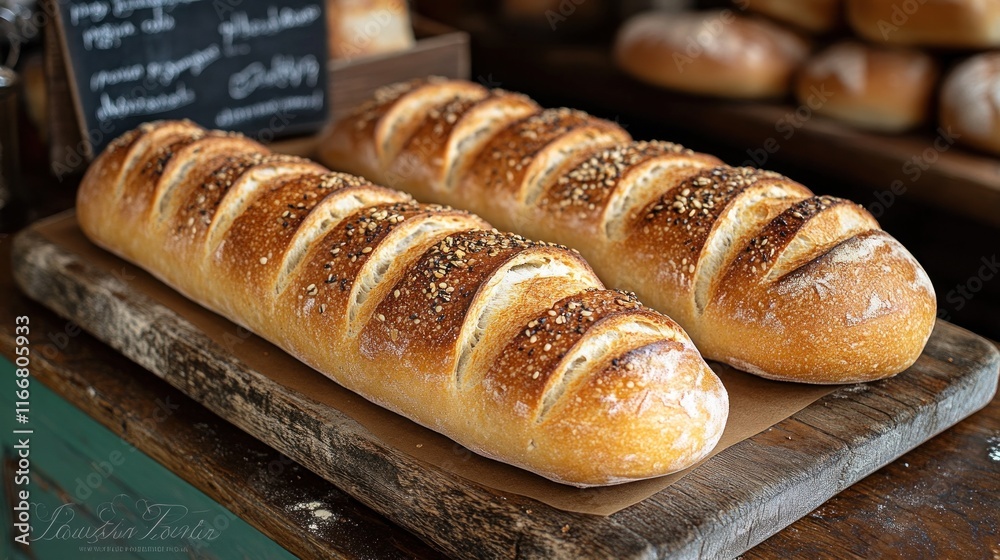 Two crusty artisan loaves of sourdough bread with seeds on a wooden board. Two crusty artisan loaves of sourdough bread with seeds on a wooden board.