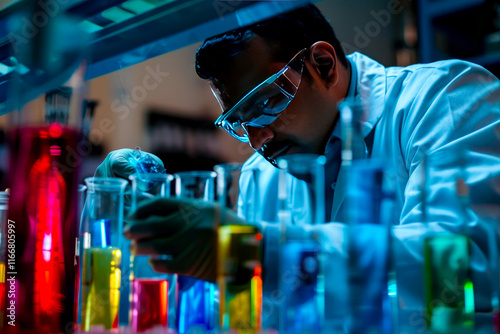 Against the backdrop of a laboratory filled with test tubes and beakers, an Indian man conducts experiments on cloning, his commitment to scientific inquiry driving him to unravel photo