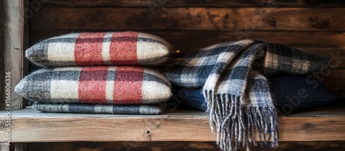 Cozy winter display of folded woolen cushions and a scarf on rustic wooden shelf creating a warm and inviting atmosphere photo