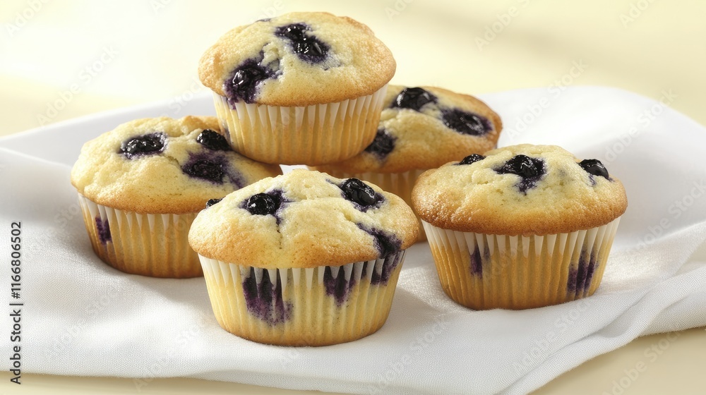 Freshly baked blueberry muffins arranged on a white cloth creating a warm and inviting bakery display. Freshly baked blueberry muffins arranged on a white cloth creating a warm and inviting bakery display.